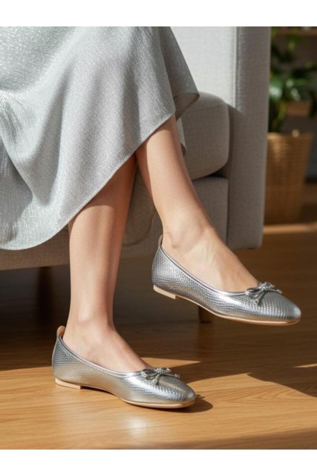 Serena Trend Platinum Bow Women's Ballet Flats Office Home Shoes Summer Stylish Ballet Flats