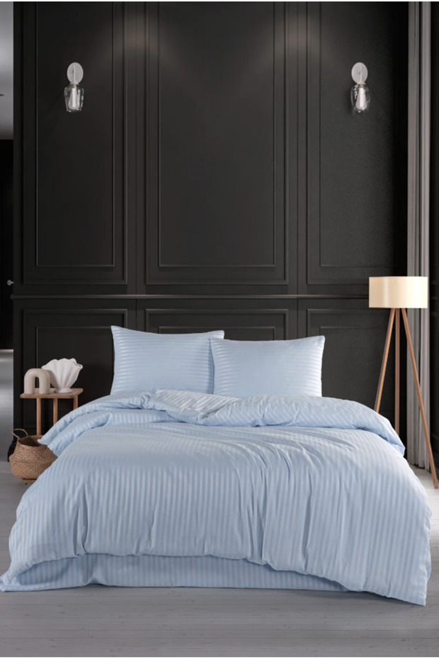 Double Striped Satin Duvet Cover Set Baby Blue
