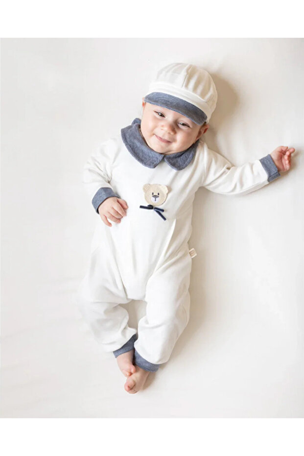 Baby Boy Teddy Bear Printed Peter Pan collar Overalls and Hat