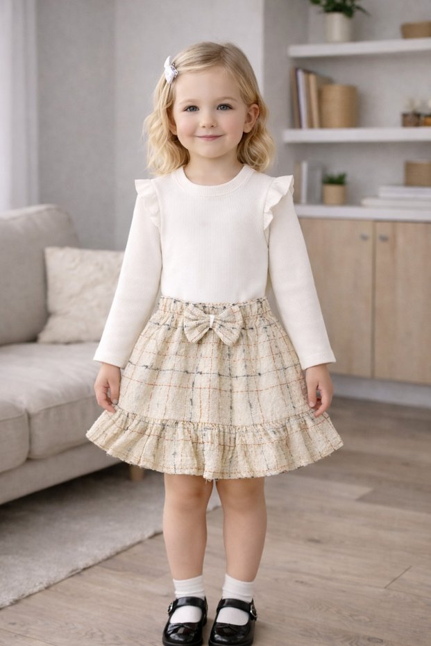 White Rib Knit Blouse & Bow Detail Plaid Girls' Skirt Set