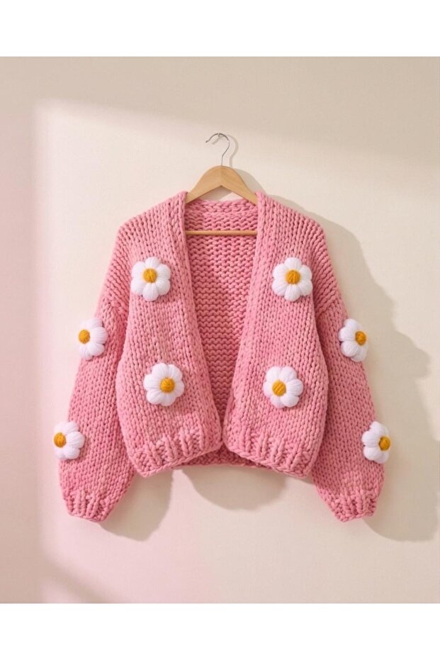 Pink Daisy Hand Knitted Cardigan