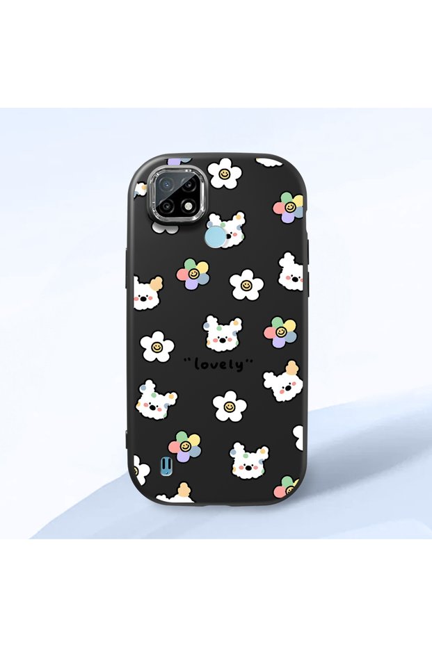 Realme C21 Compatible Shock-Absorbing Camera Protected Black Silicone Case Cartoon Patterned