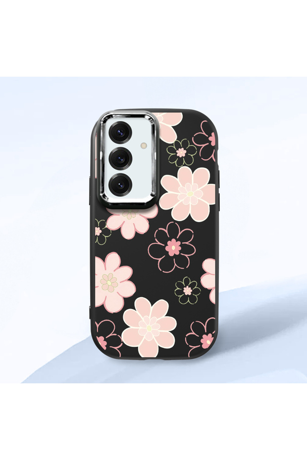 Samsung Galaxy S24 Compatible Shock-Absorbing Camera Protected Black Silicone Case Floral Print
