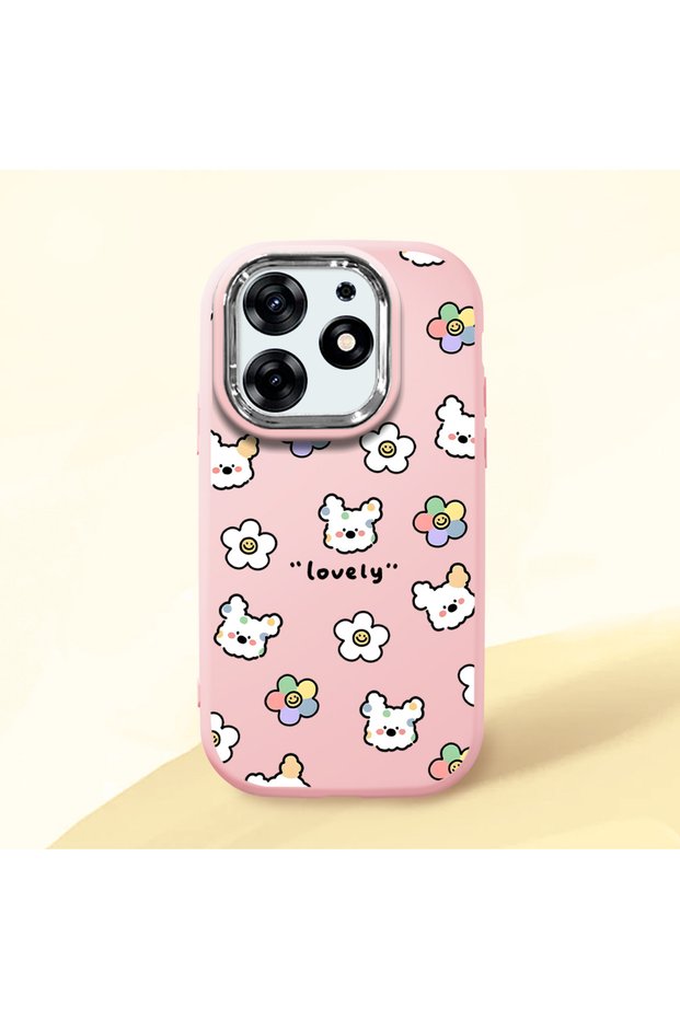 Tecno Spark 10 Pro(Ki7) Compatible Shock-Absorbing Camera Protected Pink Silicone Case Cartoon Patterned