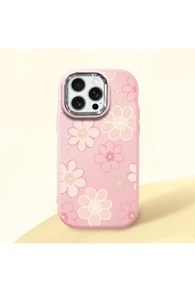 iPhone 15 Pro Max Compatible Shock-Absorbing Camera Protected Pink Silicone Case Floral Print