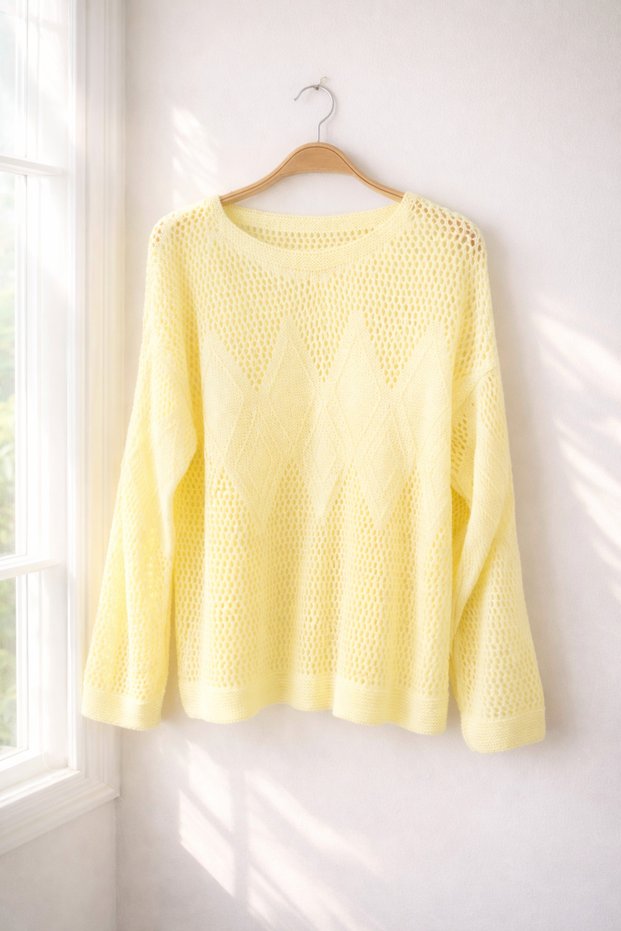 Lace-Like Knit Perforated Spring Knitwear Women's Yellow