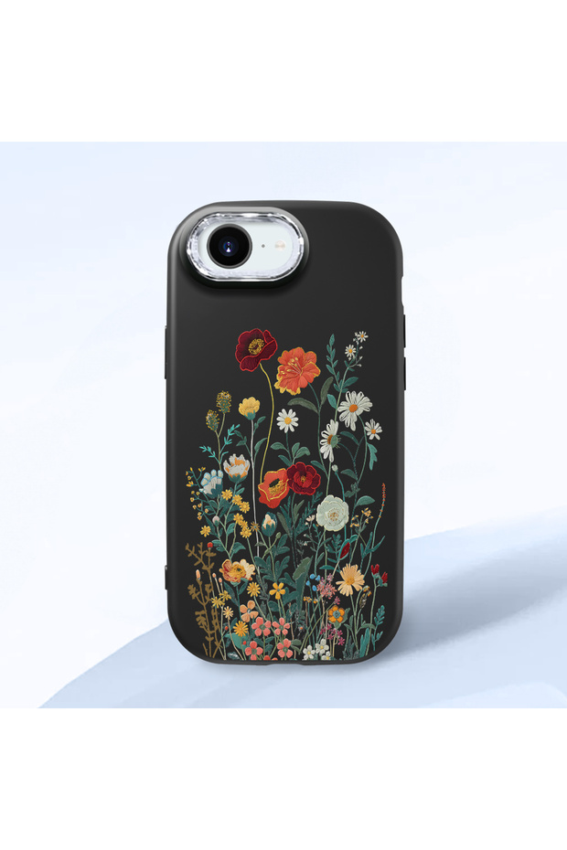 iPhone 17E Compatible Camera Protected Black Soft Silicone Phone Case with Floral Pattern