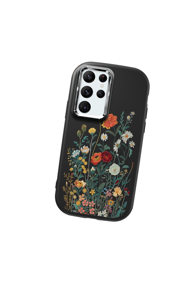 Samsung Galaxy S22 Ultra Compatible Camera Protected Black Soft Silicone Phone Case Floral Print