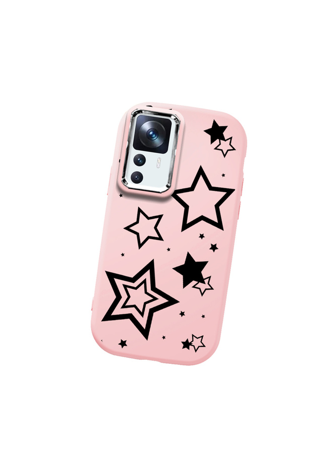 Mi 12t Compatible Camera Protected Pink Soft Silicone Phone Case Star Patterned