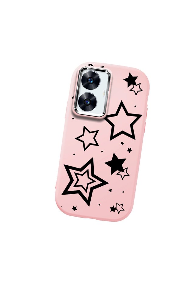 Realme C55 Compatible Camera Protected Pink Soft Silicone Phone Case Star Patterned