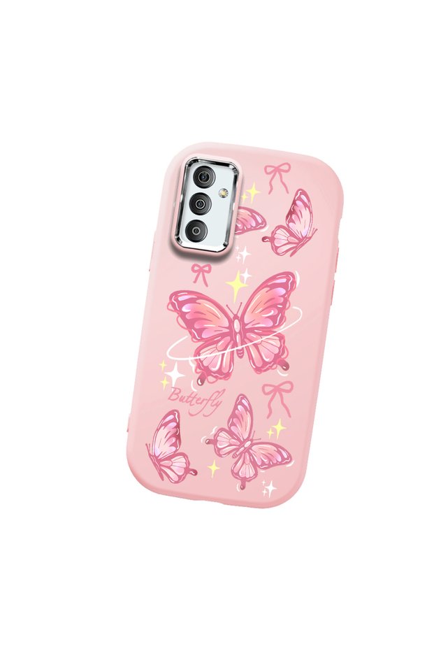 Samsung Galaxy M23 Compatible Camera Protected Pink Soft Silicone Phone Case Butterfly Patterned