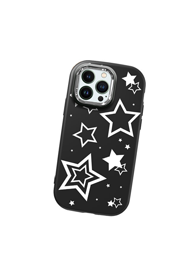 iPhone 14 Pro Compatible Camera Protected Black Soft Silicone Phone Case Star Patterned