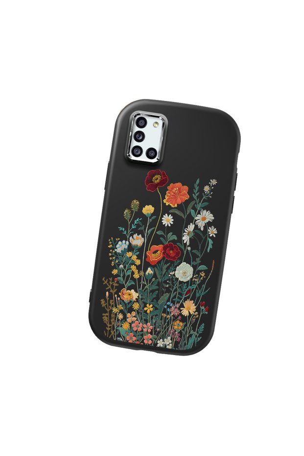 Samsung Galaxy A31 Compatible Camera Protected Black Soft Silicone Phone Case Floral Print