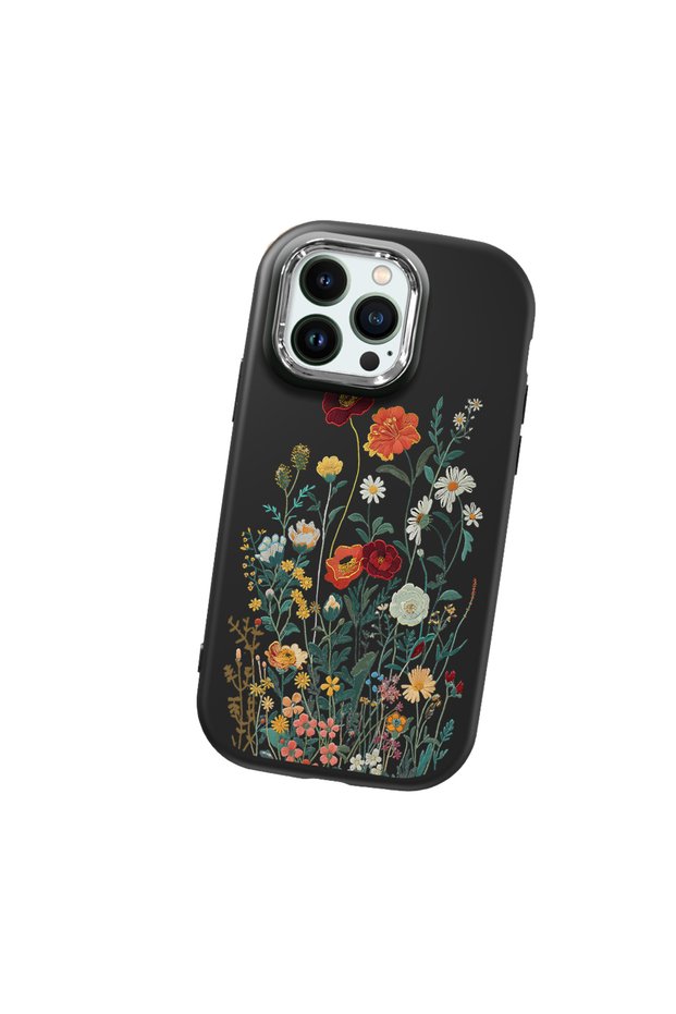 iPhone 14 Pro Max Compatible Black Soft Silicone Phone Case with Camera Protection Floral Print