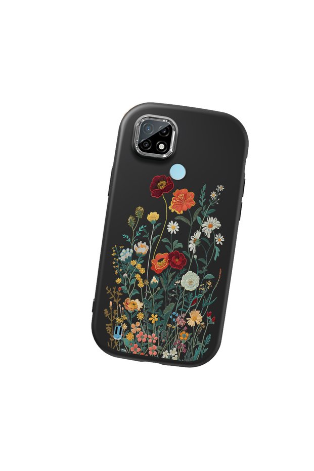 Realme C21 Compatible Camera Protected Black Soft Silicone Phone Case Floral Print