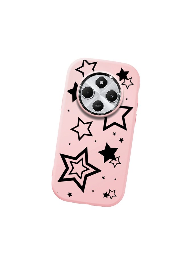 Redmi 14C Compatible Camera Protected Pink Soft Silicone Phone Case Star Patterned