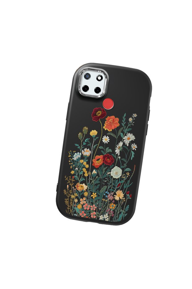 Realme C25 Compatible Camera Protected Black Soft Silicone Phone Case Floral Print