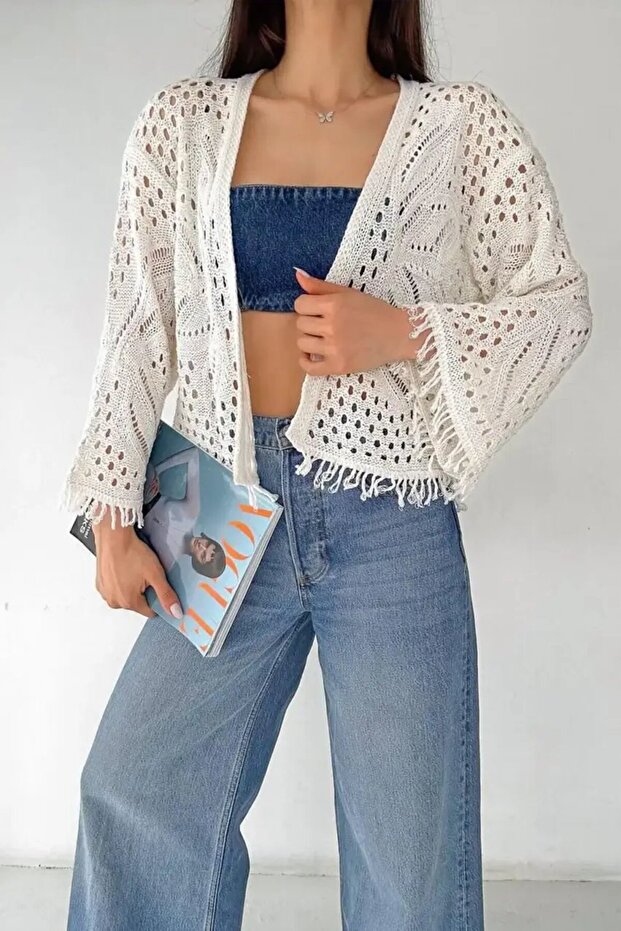 Women's Yaprak Patterned Tasseled Knitwear Cardigan
