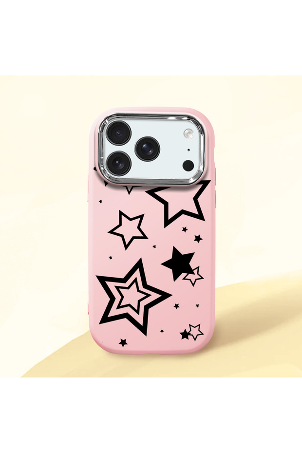 iPhone 18 Pro Compatible Case Camera Protector Pink Stars Patterned Silicone Lover Couple Phone Case