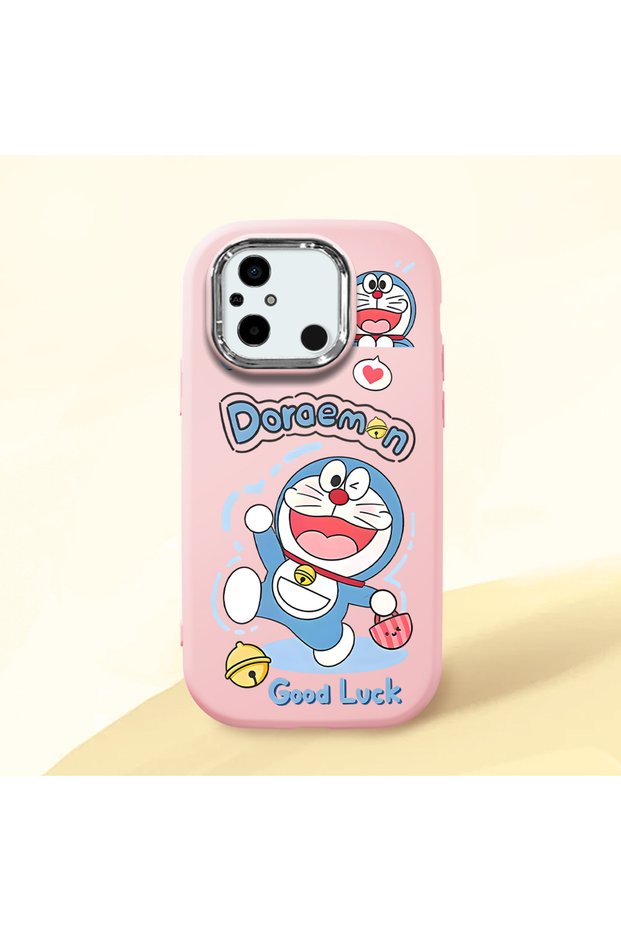 Pink Soft Silicone Phone Doraemon Patterned with Camera Protection Compatible with Poco C55