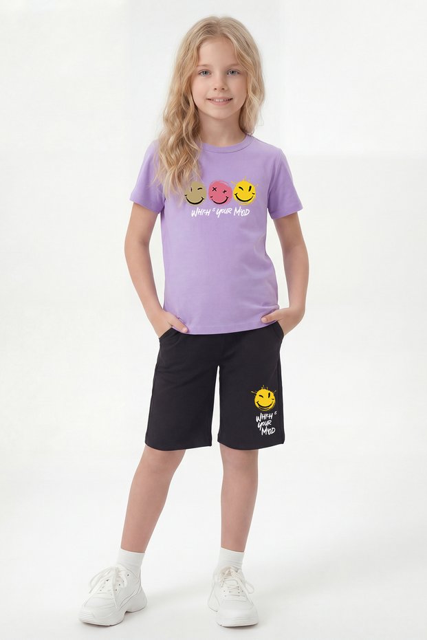 Round Neck T-Shirt and Capri Pants Set with Print Detail for Girls