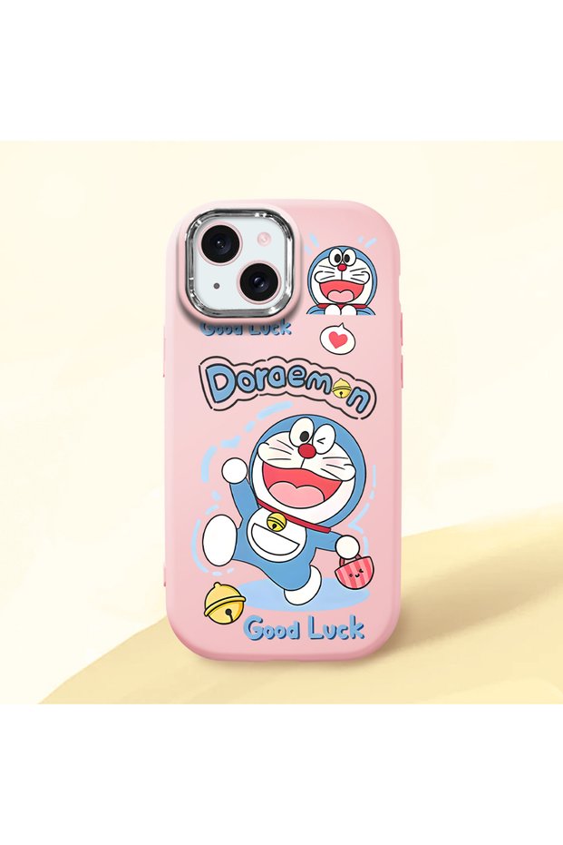 Pink Soft Silicone Phone Doraemon Patterned with Camera Protection Compatible with iPhone 15