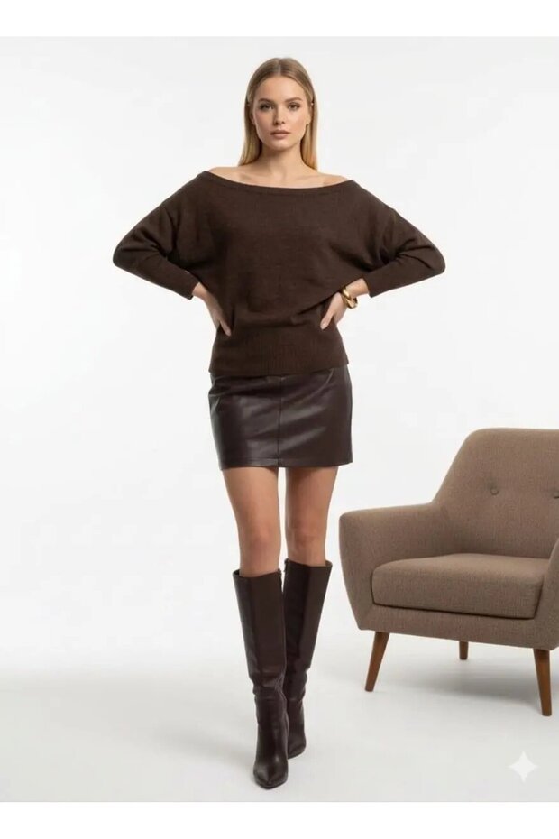 Women's Wide Neckline Sleeve Detail Premium Yarn Soft Textured Knit Sweater 12384.Crs