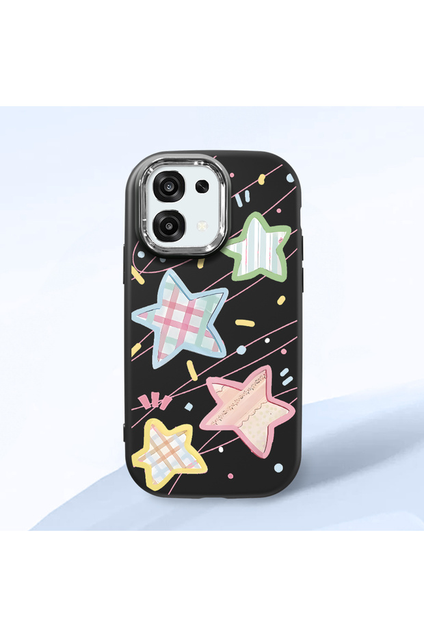 Black Soft Silicone Phone Colorful Stars with Camera Protection Compatible with Oppo A6 Pro