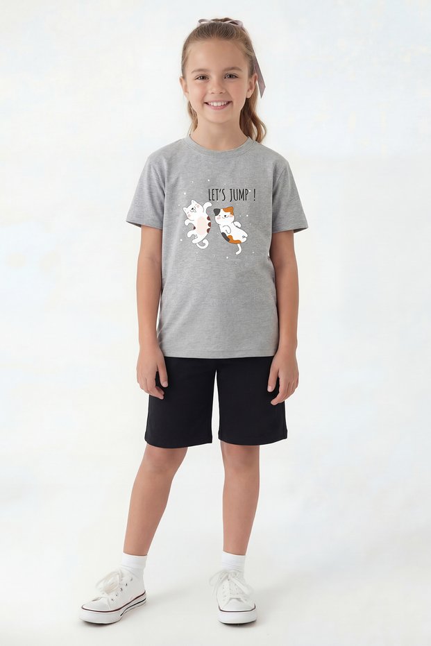 Round Neck T-Shirt and Capri Pants Set with Print Detail for Girls