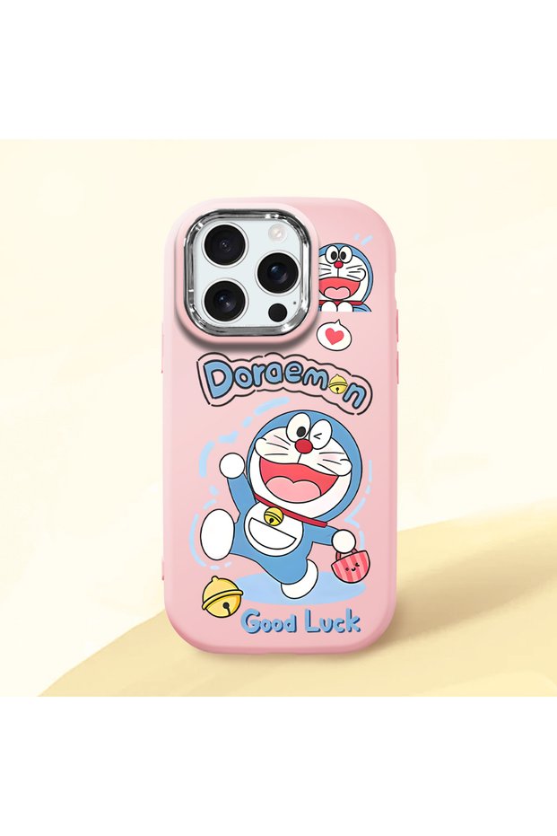Pink Soft Silicone Phone Doraemon Patterned with Camera Protection Compatible with iPhone 16 Pro