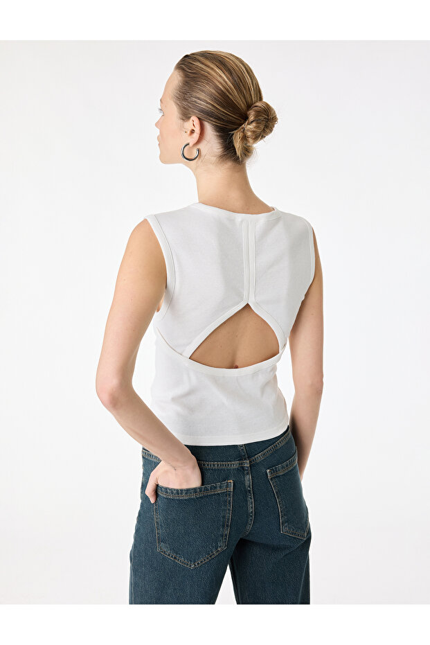Beige Cotton Slim Fit Sleeveless Crew Neck Blouse With Back Cut-Out Detail