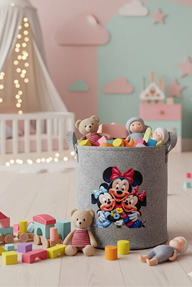Felt Toy Basket - Cartoon Patterned, Foldable with Handles, Kids Room Organizer 38X39