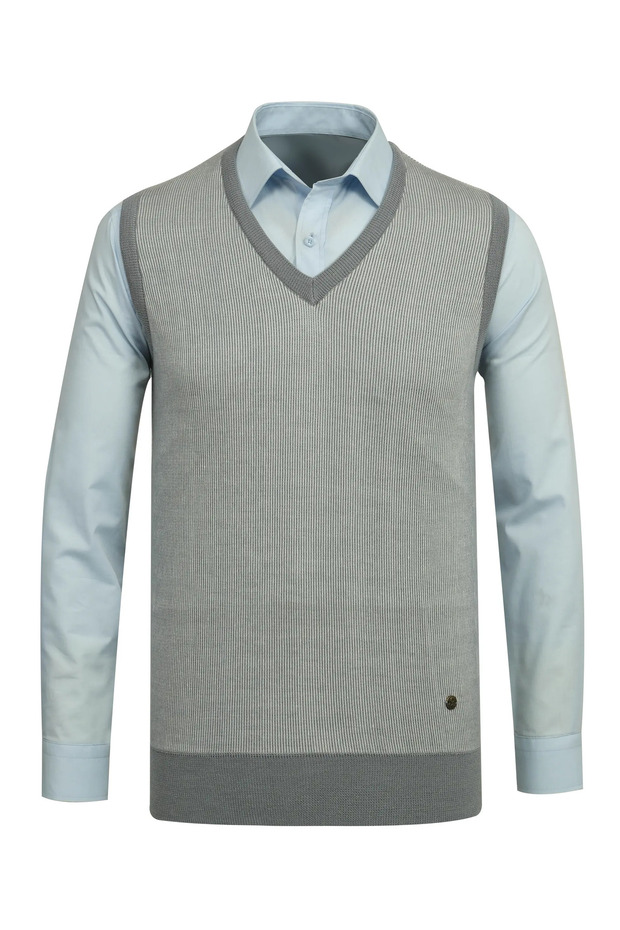 Men's V-Neck Knitwear Light Gray Sweater Patterned Colors Winter Steel Knit Classic Pattern - 5015H