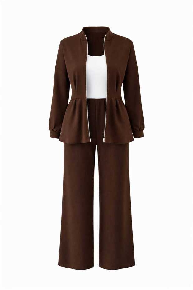 Women's Crepe Fabric Zippered Belt Detail Pants and Top Set
