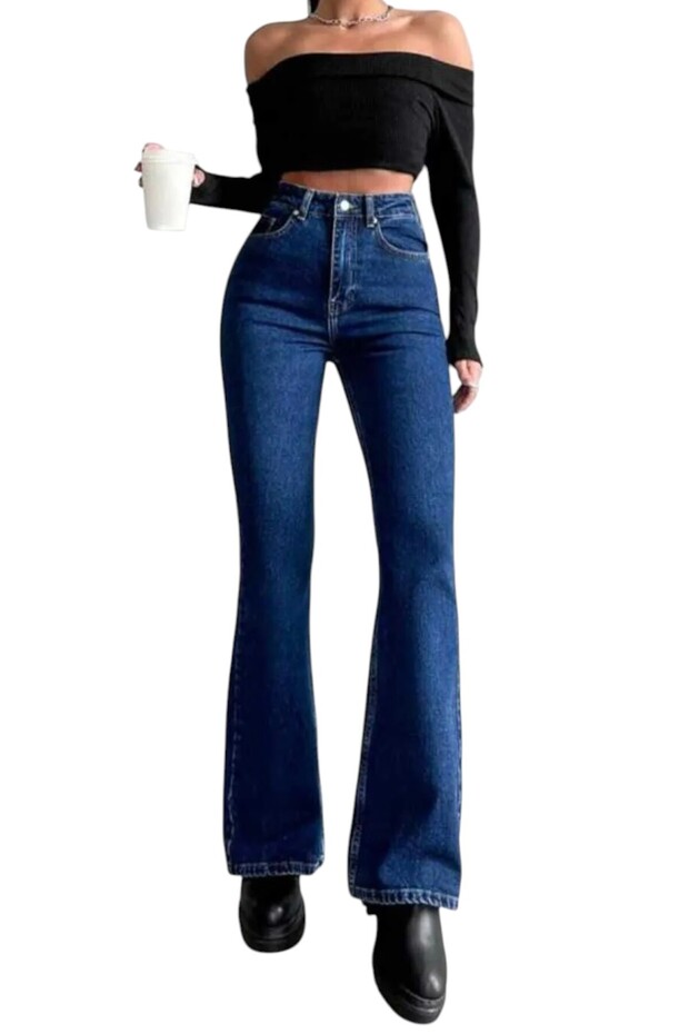Elna Women's Dark Blue Non-Fading Stretch Fabric High Waist Denim Flared Denim Pants