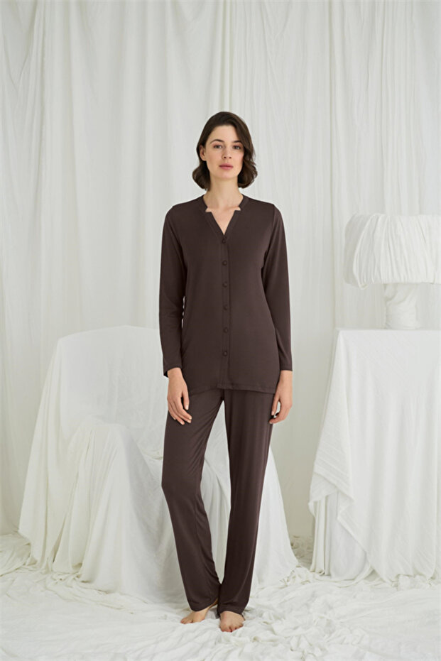 Arias Closet Long Sleeve Button down V-Neck Pajama Set