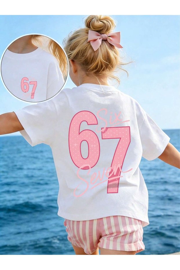 Girl's 6 7 Printed Oversized Comfortable Daily Use Combed Cotton T-Shirt