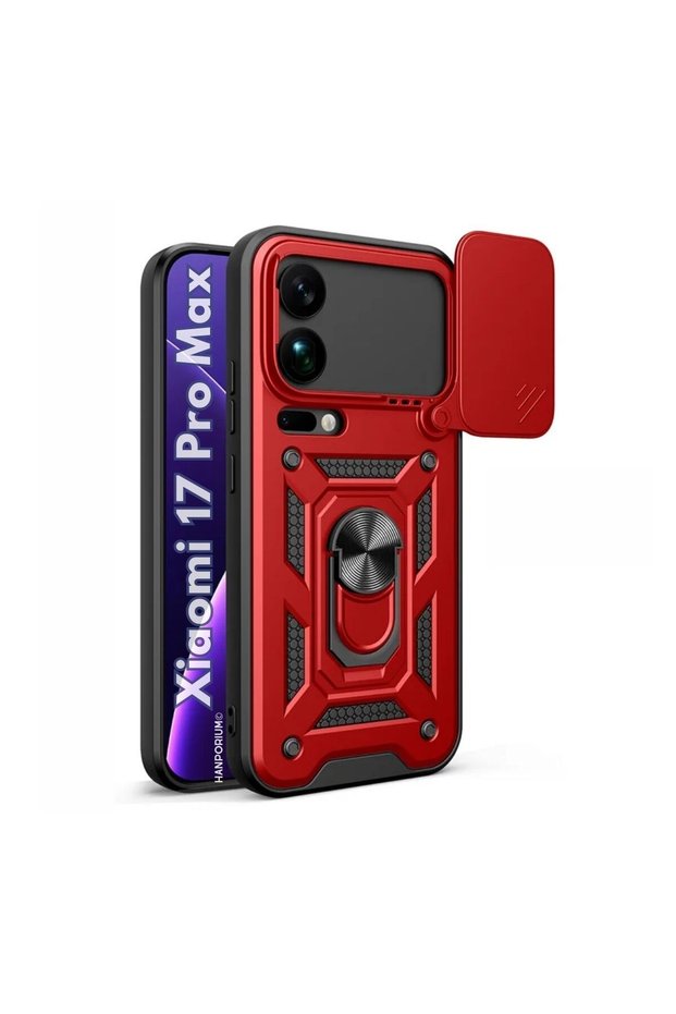 Xiaomi 17 Pro Max Compatible Tank Case - Armored Outdoor Cover with Ring Stand - Red