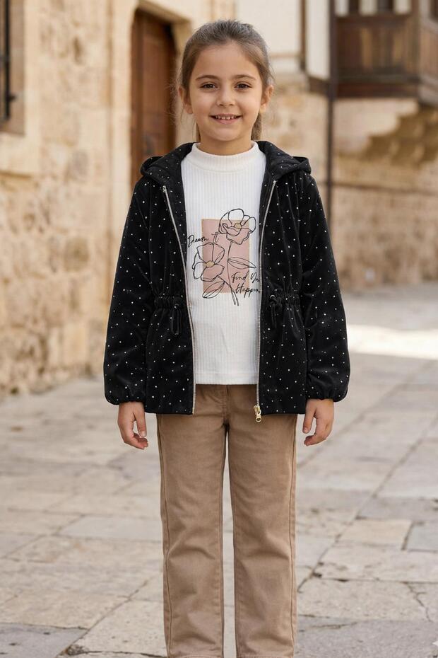 Girl's Nova Fabric Stoned Trench Coat and Penyeli Linen Pants Top and Bottom Set