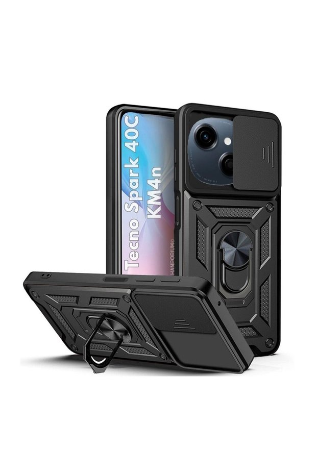 Tecno Spark 40C Compatible Tank Case - Extra Protection Armored Outdoor Cover with Ring Stand - Black