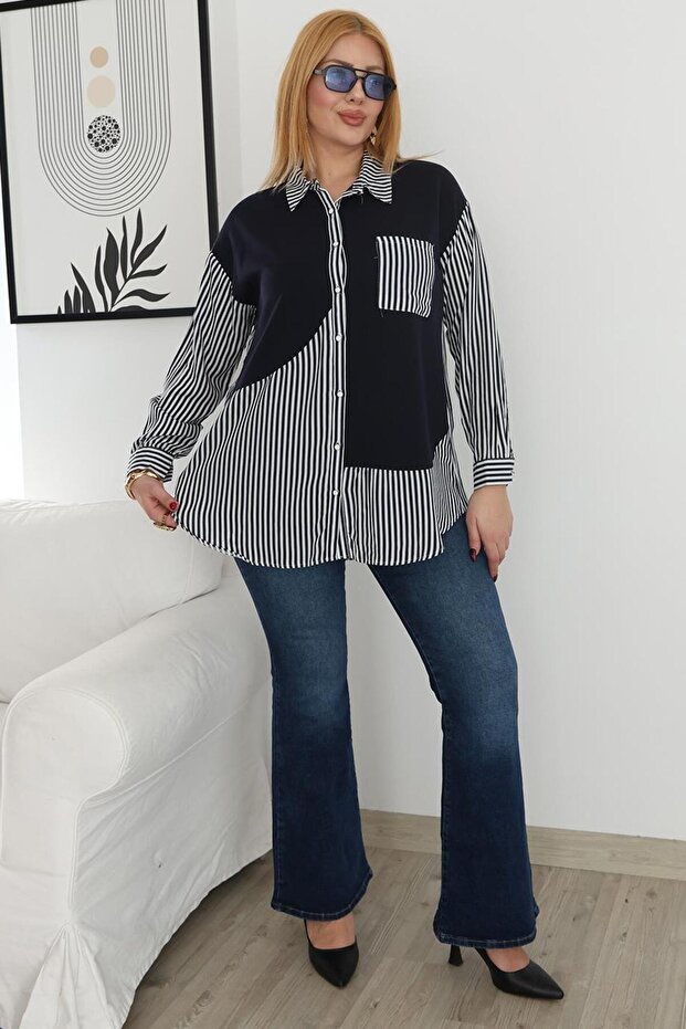 Plus Size Striped Button down Shirt - 4