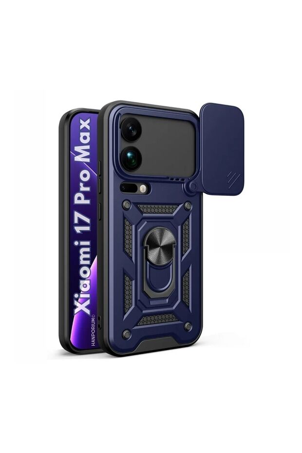 Xiaomi 17 Pro Max Compatible Tank Case - Armored Outdoor Cover with Ring Stand - Navy Blue