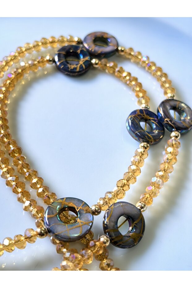 Eyeglass Chain – Amber Crystal with Beaded Leaf Effect Circles – Thinblack ® Collection