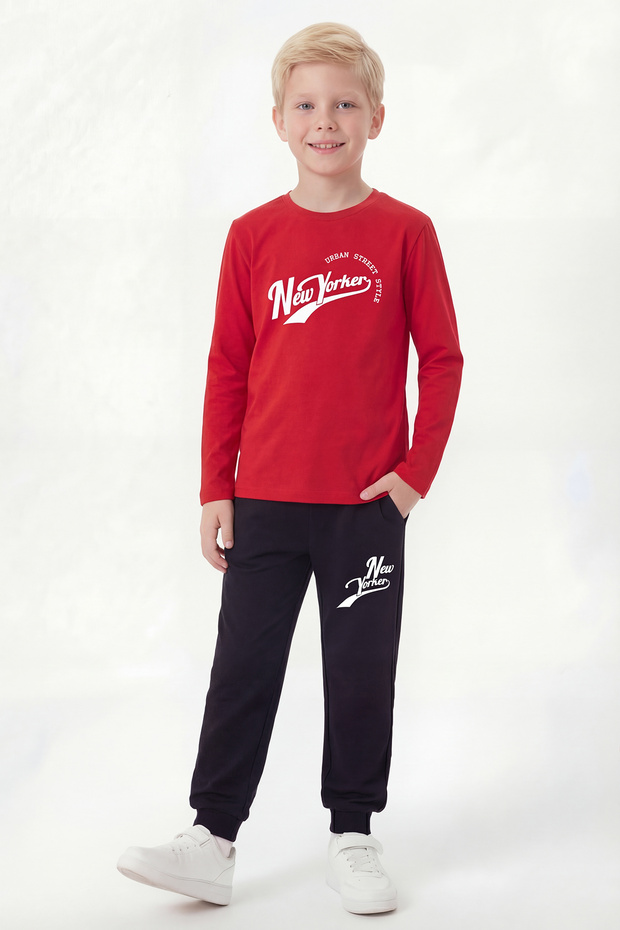 Round Neck Sweatshirt with Elastic Cuffs, Sweatpants, Printed Long Sleeve Boys' Top and Bottom Set