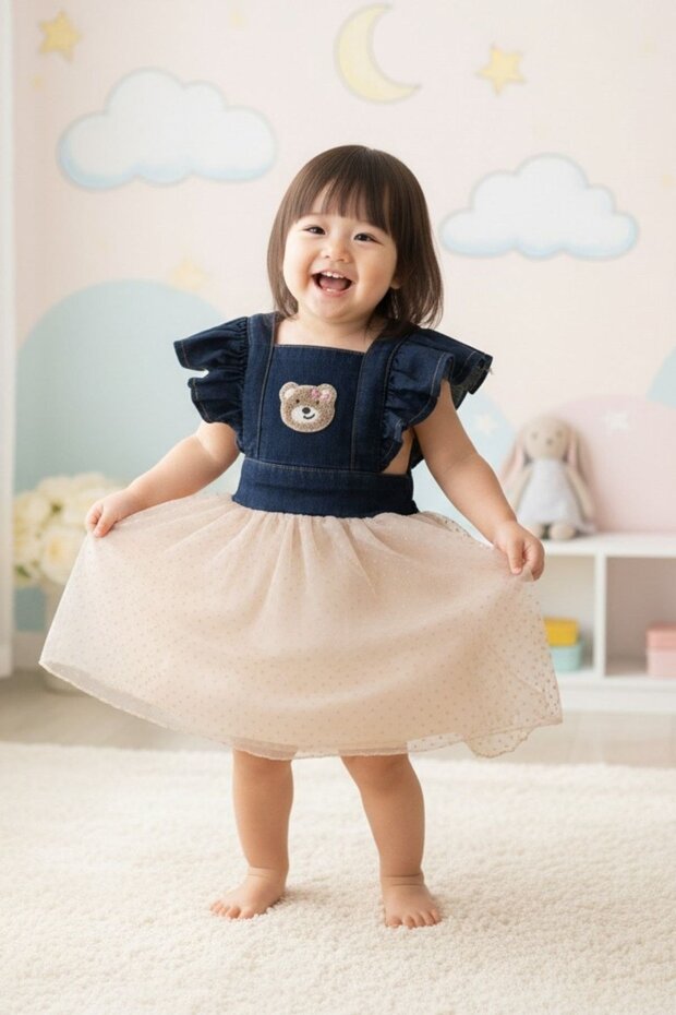 Ruffled Sleeves Denim Teddy Bear Embroidered Tulle Dress