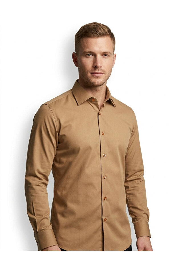 Men's Tan Cotton Pack Slim Fit Classic Collar Long Sleeve Shirts