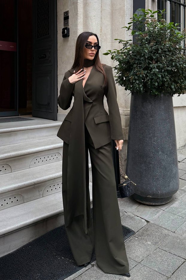 Khaki Women's Suit Set with Shawl Detail, Fitted Jacket and Trousers