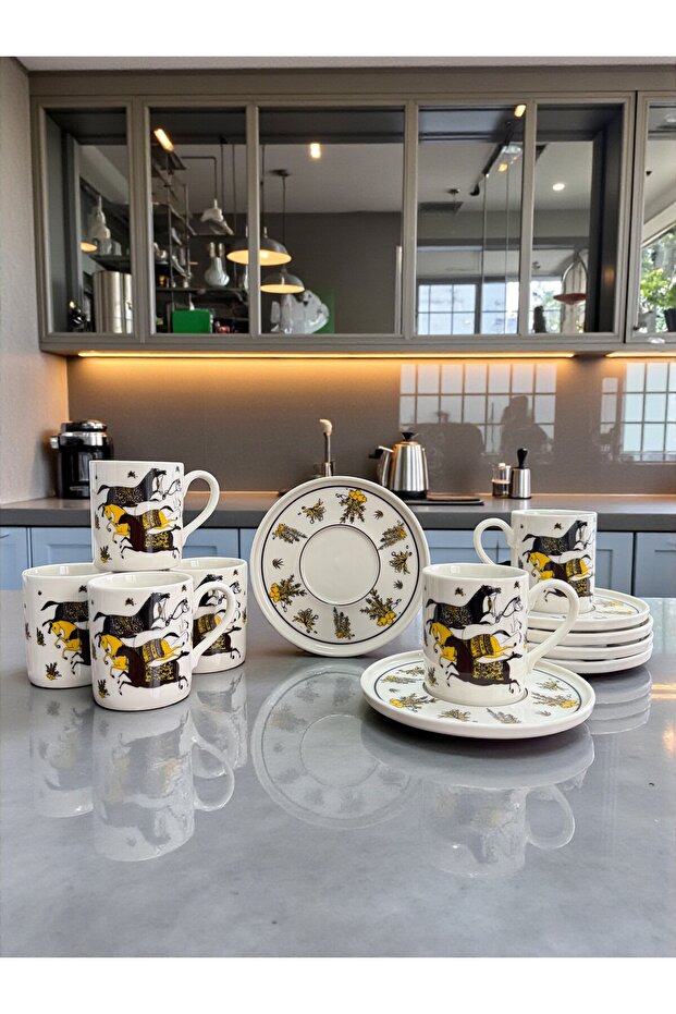 Porcelain Coffee Cup Set for 6 People Brown Herm Pattern - Feray Home
