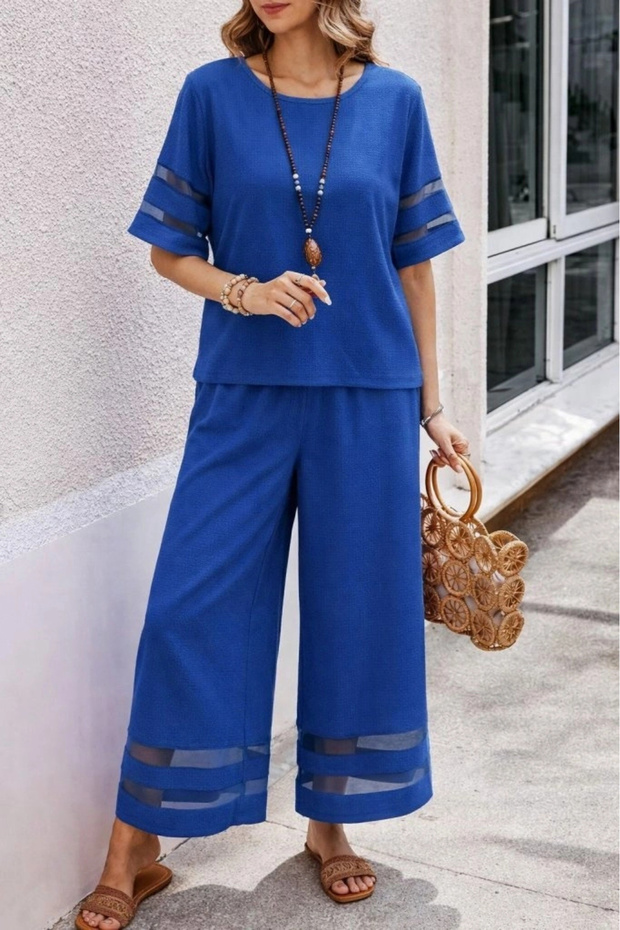 Women's Short Sleeve Crew Neck Tulle Striped Detail Blouse and Trousers Two-Piece Set