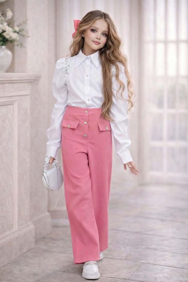 Girl Child Shoulders Stone Embroidered Watermelon Sleeve Shirt Button and C Pocket Detail Pants Pink Bottom Top Set